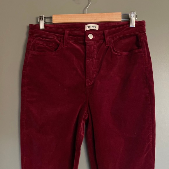 L'AGENCE Marty Velvet Flare Pants Sz 29 High Rise Burgundy Red Chic French Sexy - Picture 4 of 16